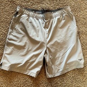 SPEEDO Mens Gray Swim Trunks L Tech Shorts Stretch Lined Zipper Back Pocket